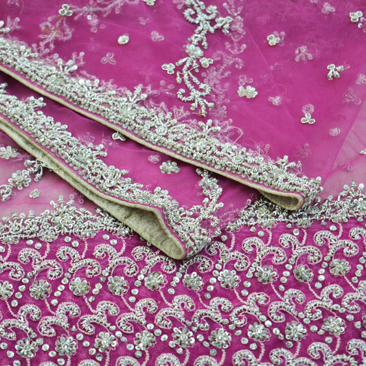 Indian Vintage Heavy Pink Dupatta Net Mesh Long Stole Hand Embroidered Scarves Silver Zardozi Dabka Zari Sequins