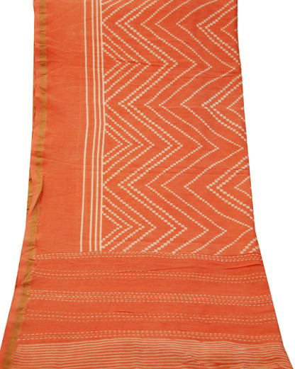 Indian Vintage Orange Dupatta Long Stole Kantha Printed Pure Chanderi Silk Indian Scarves Veil Golden Zari Soft Paisley Design