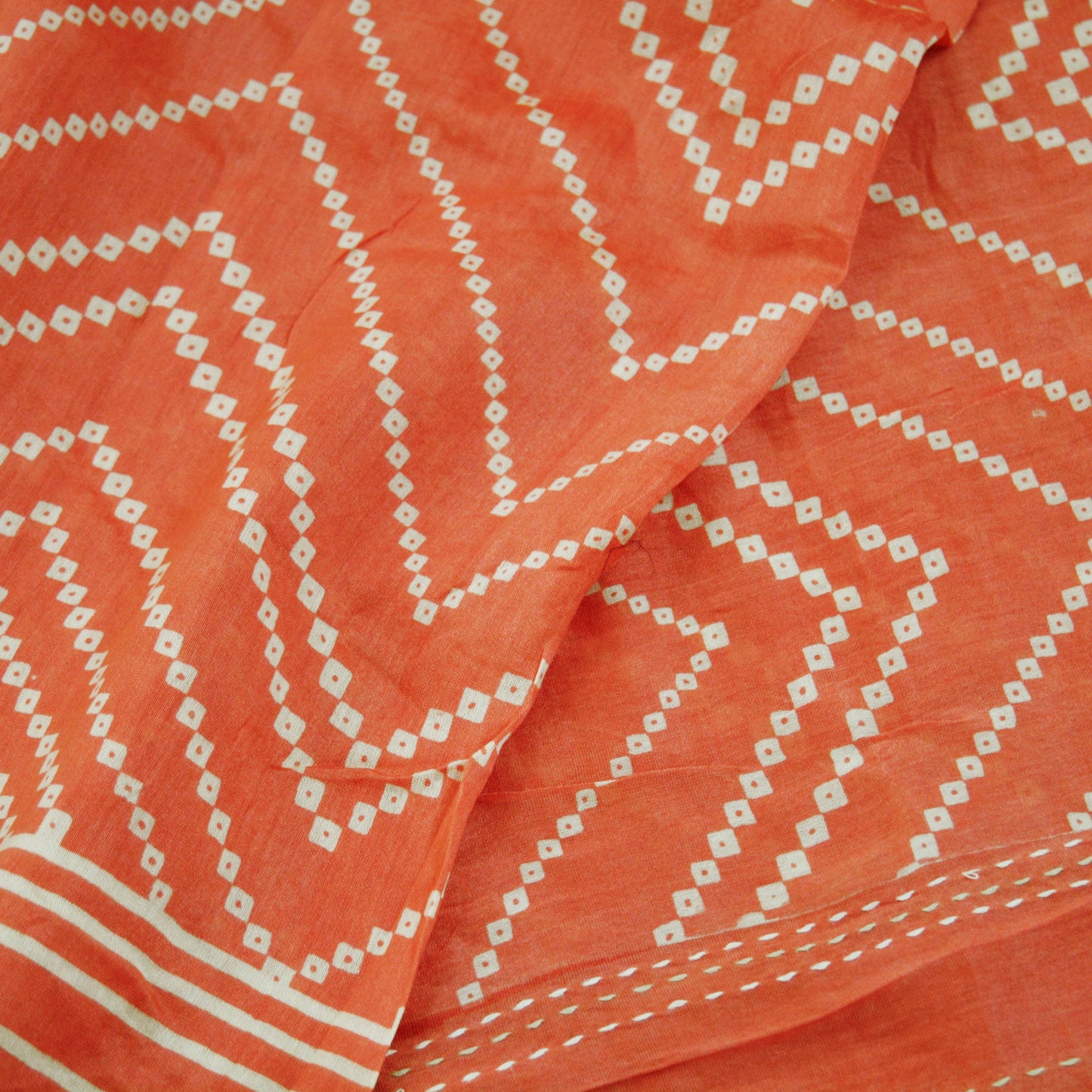 Indian Vintage Orange Dupatta Long Stole Kantha Printed Pure Chanderi Silk Indian Scarves Veil Golden Zari Soft Paisley Design