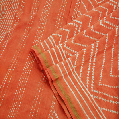 Indian Vintage Orange Dupatta Long Stole Kantha Printed Pure Chanderi Silk Indian Scarves Veil Golden Zari Soft Paisley Design