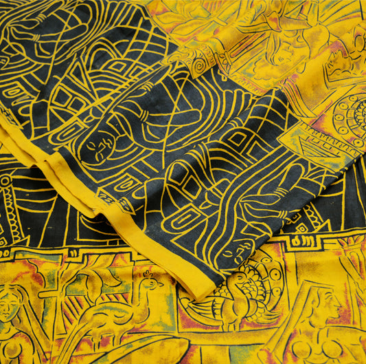 Indian Vintage Sari Yellow 100% Pure Silk Printed Sarees Fabric 5yard Sewing Floral Paisley Soft Craft Fabric Humans