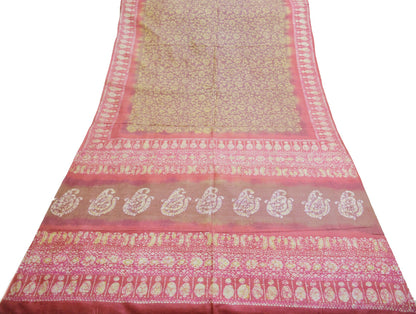 Indian Vintage Sari Pink & Brown Batik Printed Pure Silk Saree Craft Soft Fabric 5Yard Sewing Sarong Wrap Boho
