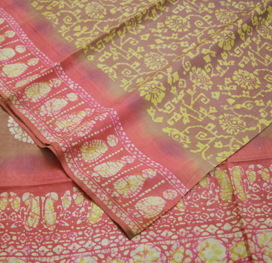 Indian Vintage Sari Pink & Brown Batik Printed Pure Silk Saree Craft Soft Fabric 5Yard Sewing Sarong Wrap Boho