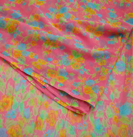 Women Vintage Sari Pink Pure Chiffon Silk Printed Saree Craft Fabric Sewing 5Yard Soft Light Sari Dress Making