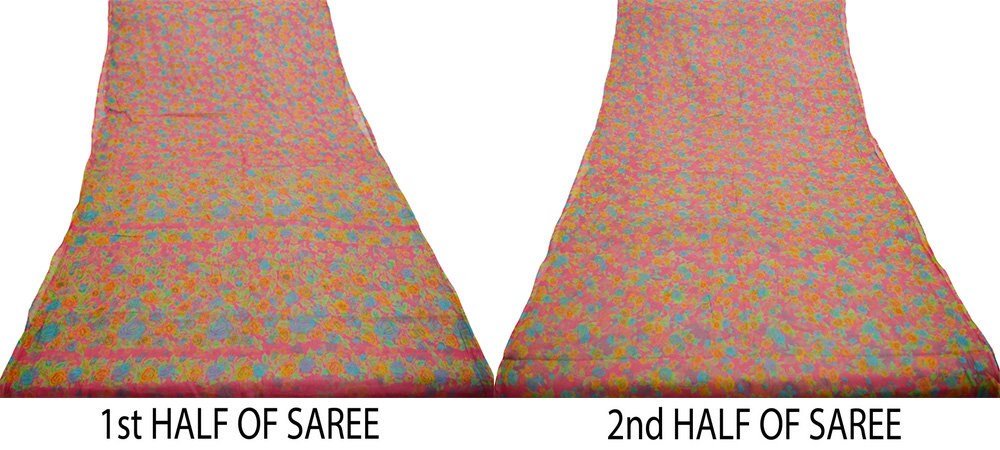 Women Vintage Sari Pink Pure Chiffon Silk Printed Saree Craft Fabric Sewing 5Yard Soft Light Sari Dress Making