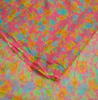 Women Vintage Sari Pink Pure Chiffon Silk Printed Saree Craft Fabric Sewing 5Yard Soft Light Sari Dress Making
