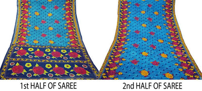 Indian Vintage Sari Blue Printed 100% Pure Cotton Saree Craft Fabric 5Yard Sewing Sarong Wrap Boho Floral