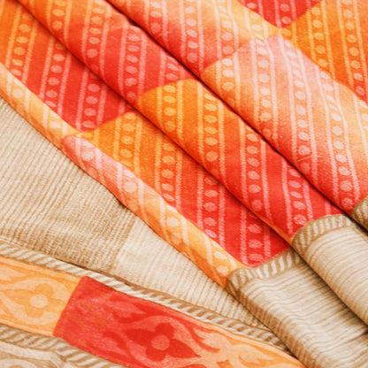 Indian Vintage Sari Red & Peach Pure Crepe Silk Printed Saree 5yard Sewing Geometric Soft Craft Fabric Wrap