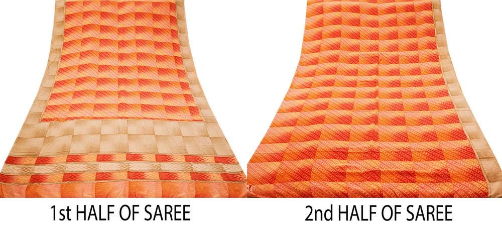 Indian Vintage Sari Red & Peach Pure Crepe Silk Printed Saree 5yard Sewing Geometric Soft Craft Fabric Wrap