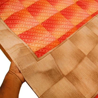 Indian Vintage Sari Red & Peach Pure Crepe Silk Printed Saree 5yard Sewing Geometric Soft Craft Fabric Wrap