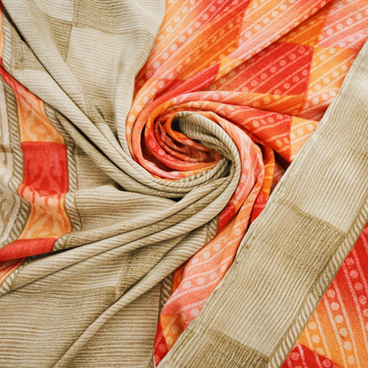 Indian Vintage Sari Red & Peach Pure Crepe Silk Printed Saree 5yard Sewing Geometric Soft Craft Fabric Wrap