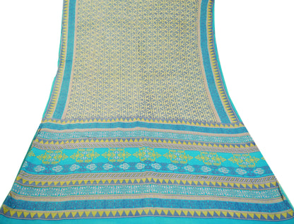 Indian Vintage Sari Turquoise & Gray 100% Pure Silk Saree Printed 5yd Sewing Craft Fabric DressMaking Soft Wrap Upcycle Used Quilting