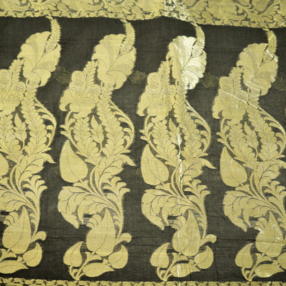 Vintage Sari Black Pure Cotton Hand Woven Saree Golden Zari 5Yard Floral Golden Zari