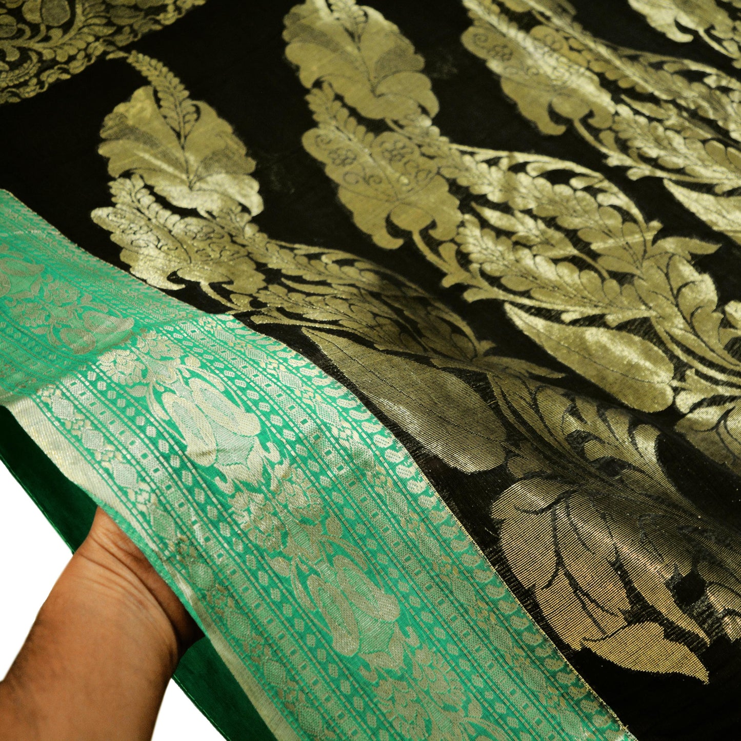Vintage Sari Black Pure Cotton Hand Woven Saree Golden Zari 5Yard Floral Golden Zari