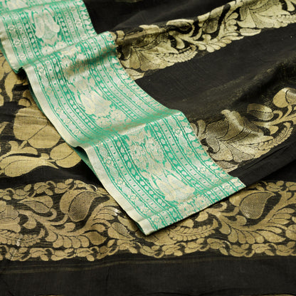 Vintage Sari Black Pure Cotton Hand Woven Saree Golden Zari 5Yard Floral Golden Zari