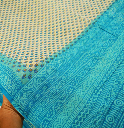 Indian Vintage Sari Blue & Beige Printed 100% Pure Cotton Saree Craft Soft Fabric 5Yard Sewing Sarong Wrap Floral