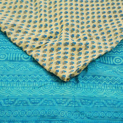 Indian Vintage Sari Blue & Beige Printed 100% Pure Cotton Saree Craft Soft Fabric 5Yard Sewing Sarong Wrap Floral