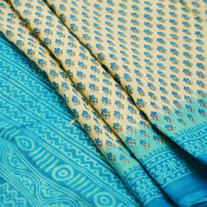 Indian Vintage Sari Blue & Beige Printed 100% Pure Cotton Saree Craft Soft Fabric 5Yard Sewing Sarong Wrap Floral