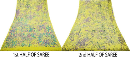 Indian Women Vintage Sari Yellow 100% Pure Georgette Silk Printed Saree Sewing 5yard Soft Craft Abstract Design Wrap Boho