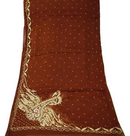 Indian Vintage Brown Dupatta Pure Chiffon silk Long Stole Hand Embroidered Scarves Floral Design Stole Veil Wrap Zari Zardozi