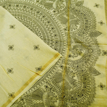 Indian Vintage Ivory Dupatta Long Stole Kalamkari Print Pure Chanderi Silk Indian Scarves Veil Golden Zari