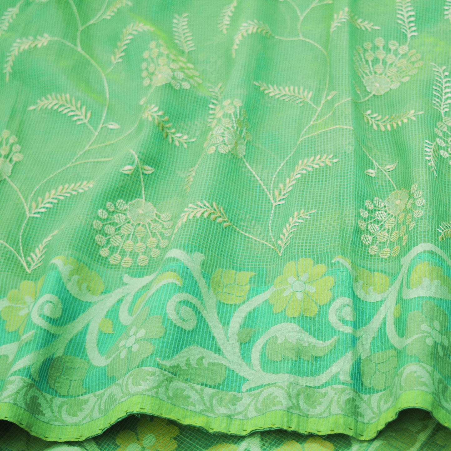 Indian Vintage Sari Green Heavy Hand Embroidered 100% Pure Organza Silk Saree Fabric 5Yard Silk Sari Ethnic Floral