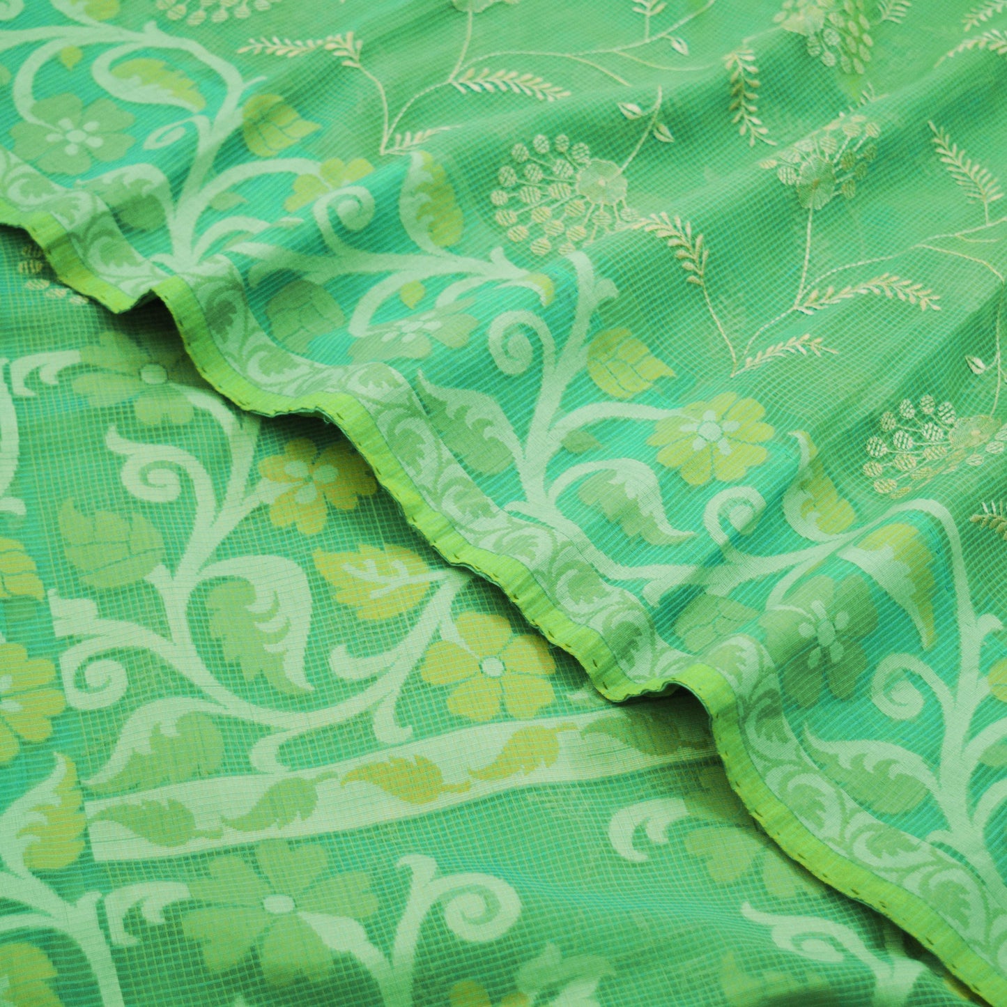 Indian Vintage Sari Green Heavy Hand Embroidered 100% Pure Organza Silk Saree Fabric 5Yard Silk Sari Ethnic Floral