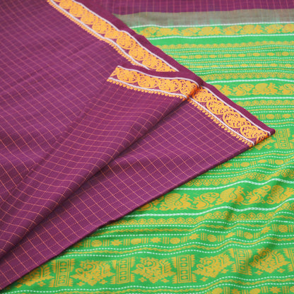 Indian Vintage Sari Purple & Green Pure Cotton Hand Woven Baluchari Saree 5yard Ethnic Fringes Peacock Fringes