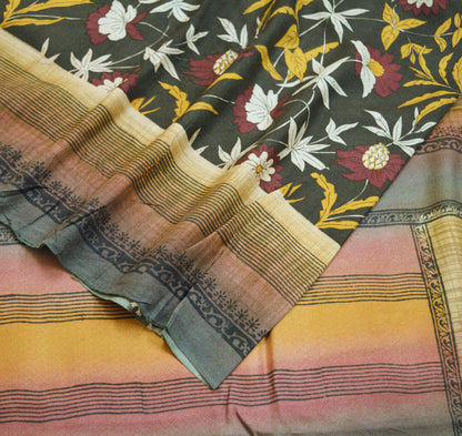 Vintage Black Heavy Saree Pure Woolen Woven Printed Indian Sari Soft Warm Fabric 5Yard Floral Woven Border