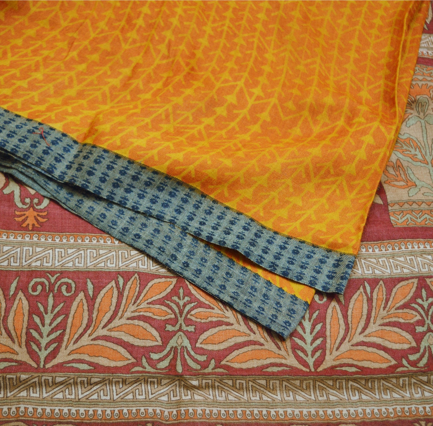 Vintage Maroon & Mustard Heavy Saree Pure Woolen Woven Printed Indian Sari Soft Warm Fabric 5Yard Floral Woven Border