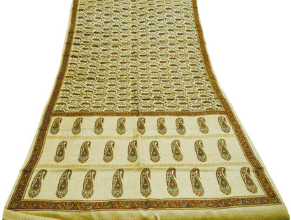 Vintage Ivory Heavy Saree Pure Woolen Woven Hand Painted Indian Sari Soft Warm Fabric 5Yard Zigzag Woven Border Fringes