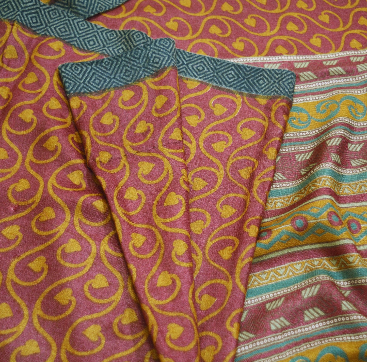 Vintage Maroon & Mustard Heavy Saree Pure Woolen Woven Printed Indian Sari Soft Warm Fabric 6Yard Floral Woven Border