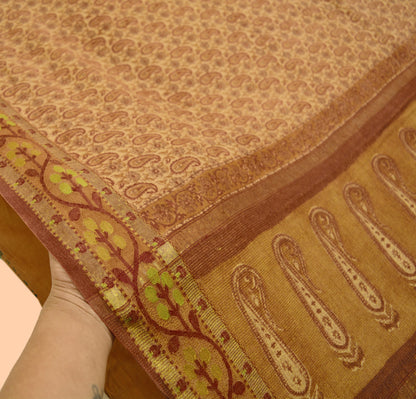 Vintage Beige Heavy Saree Pure Woolen Woven Block Printed Indian Sari Soft Warm Fabric 5Yard Zigzag Woven Border Fringes