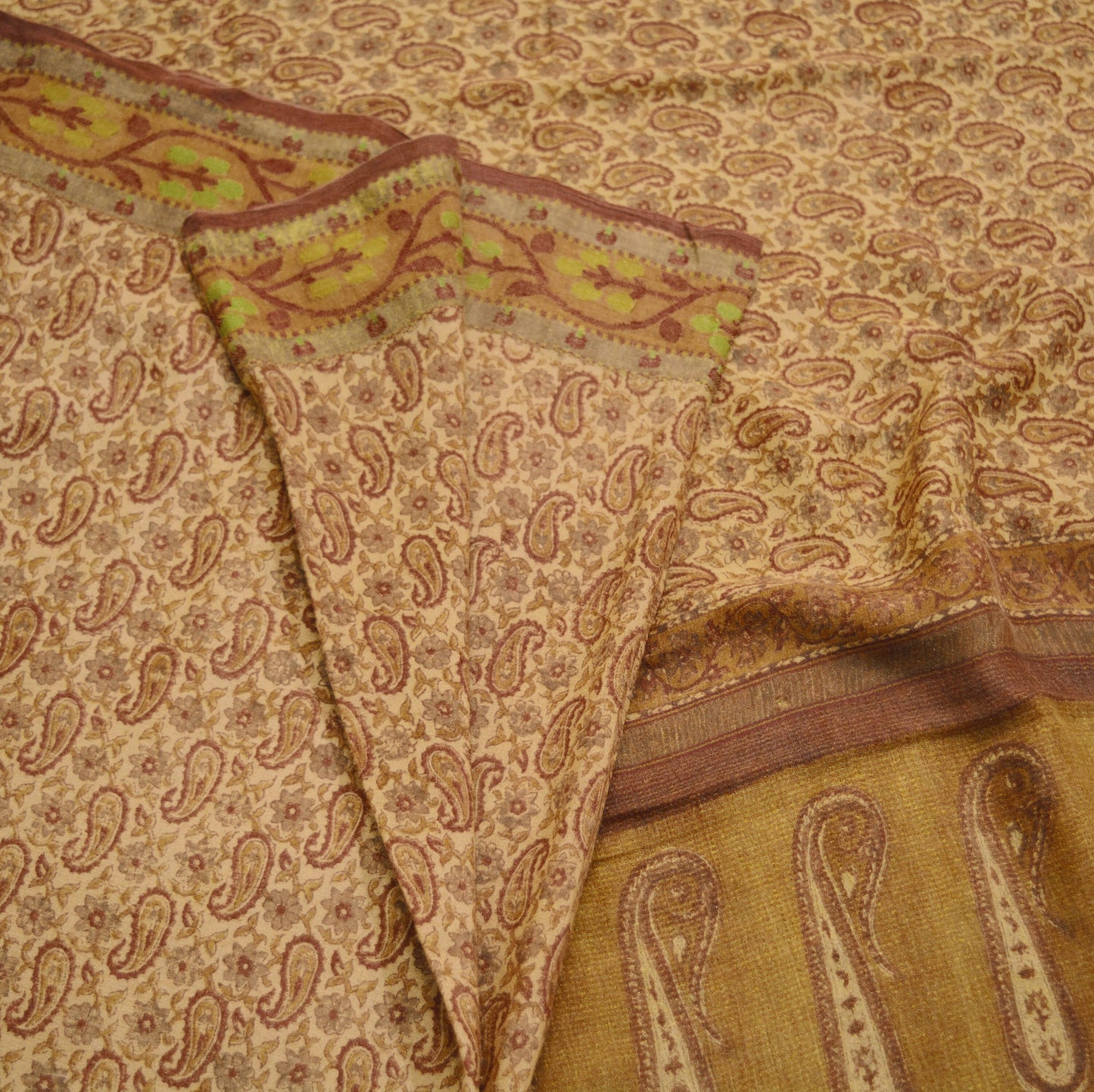 Vintage Beige Heavy Saree Pure Woolen Woven Block Printed Indian Sari Soft Warm Fabric 5Yard Zigzag Woven Border Fringes