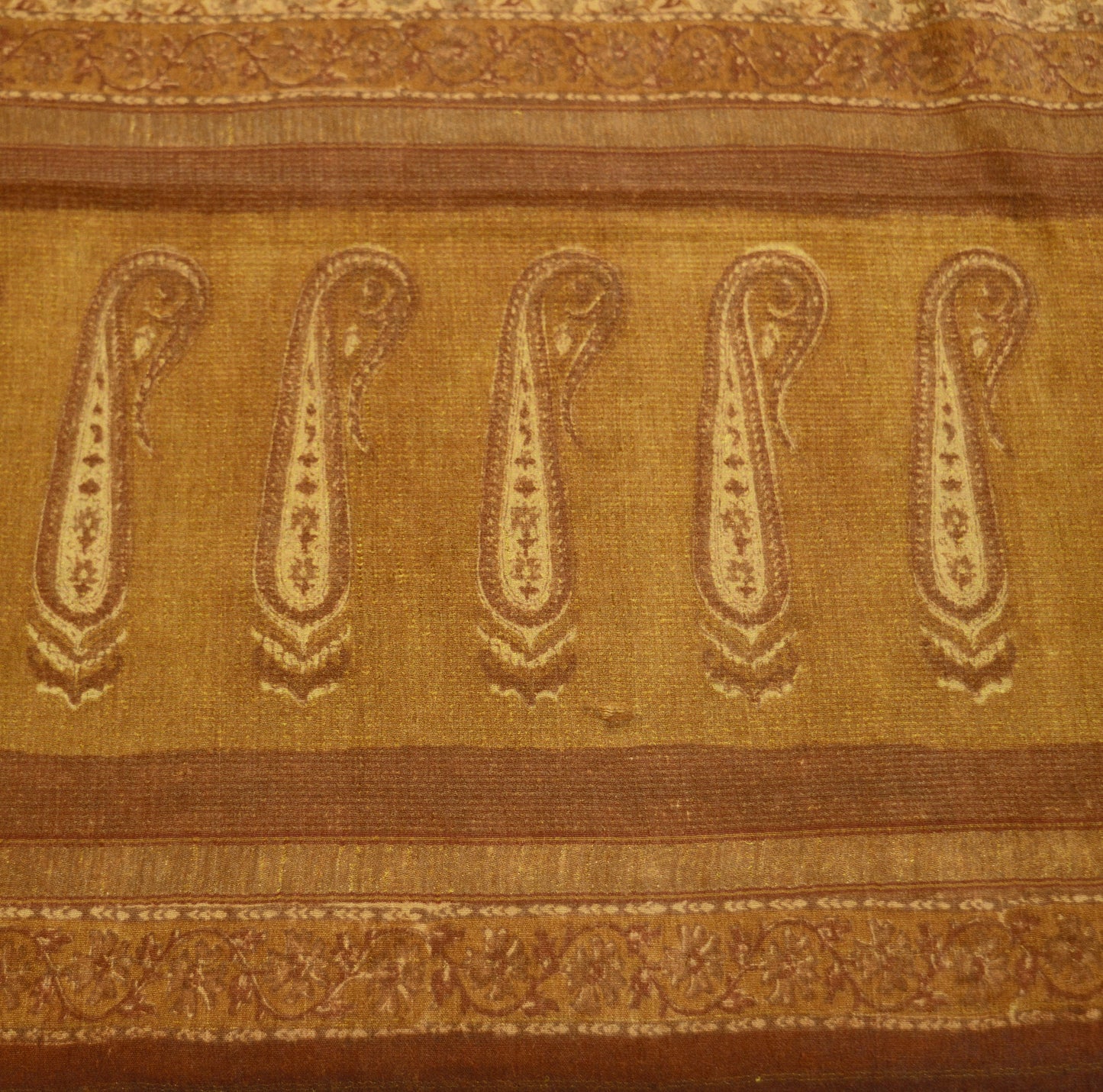 Vintage Beige Heavy Saree Pure Woolen Woven Block Printed Indian Sari Soft Warm Fabric 5Yard Zigzag Woven Border Fringes