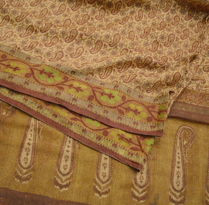 Vintage Beige Heavy Saree Pure Woolen Woven Block Printed Indian Sari Soft Warm Fabric 5Yard Zigzag Woven Border Fringes