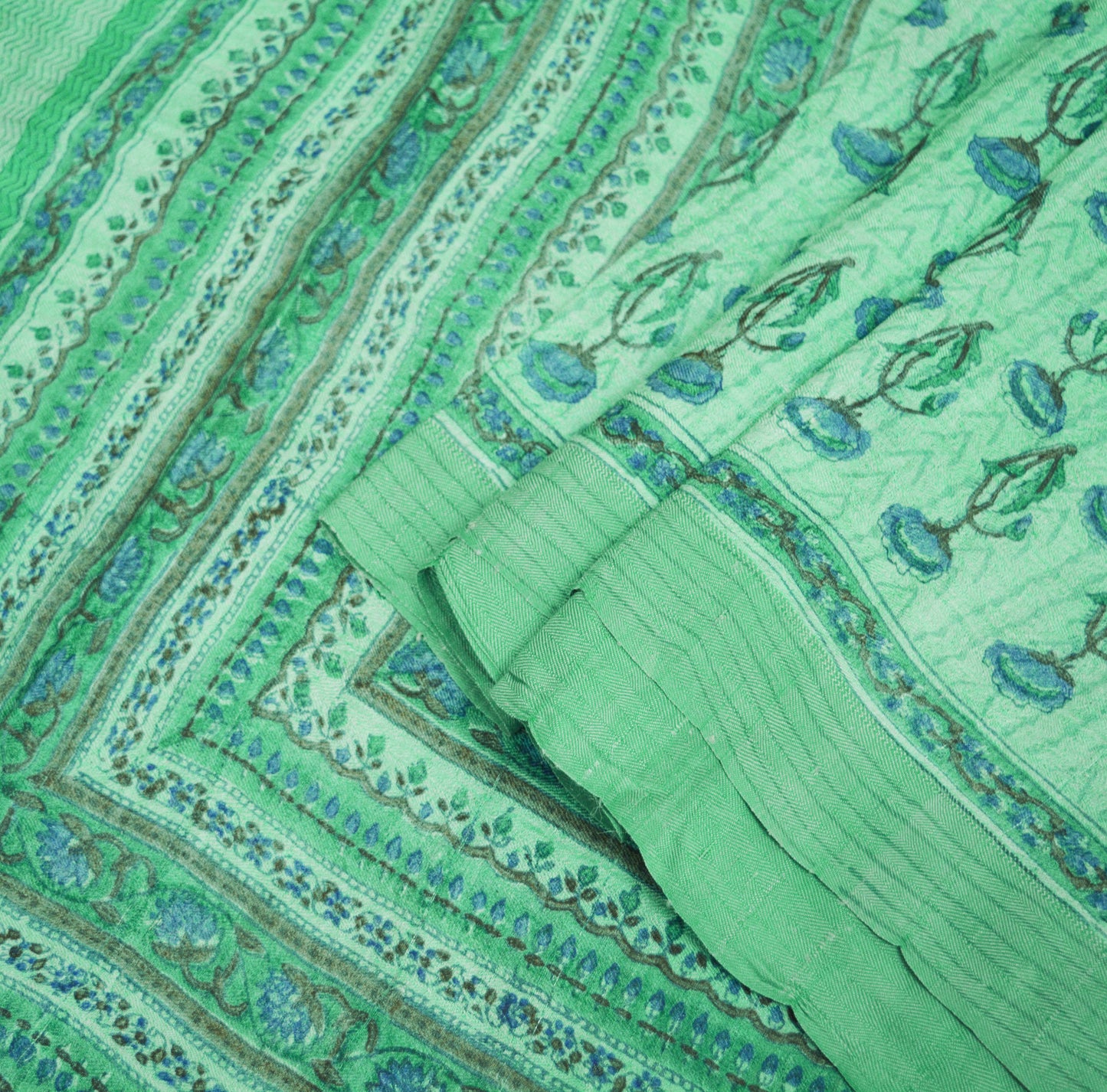 Vintage Green Heavy Saree Pure Woolen Woven Printed Indian Sari Soft Warm Fabric 6Yard Floral Woven Border