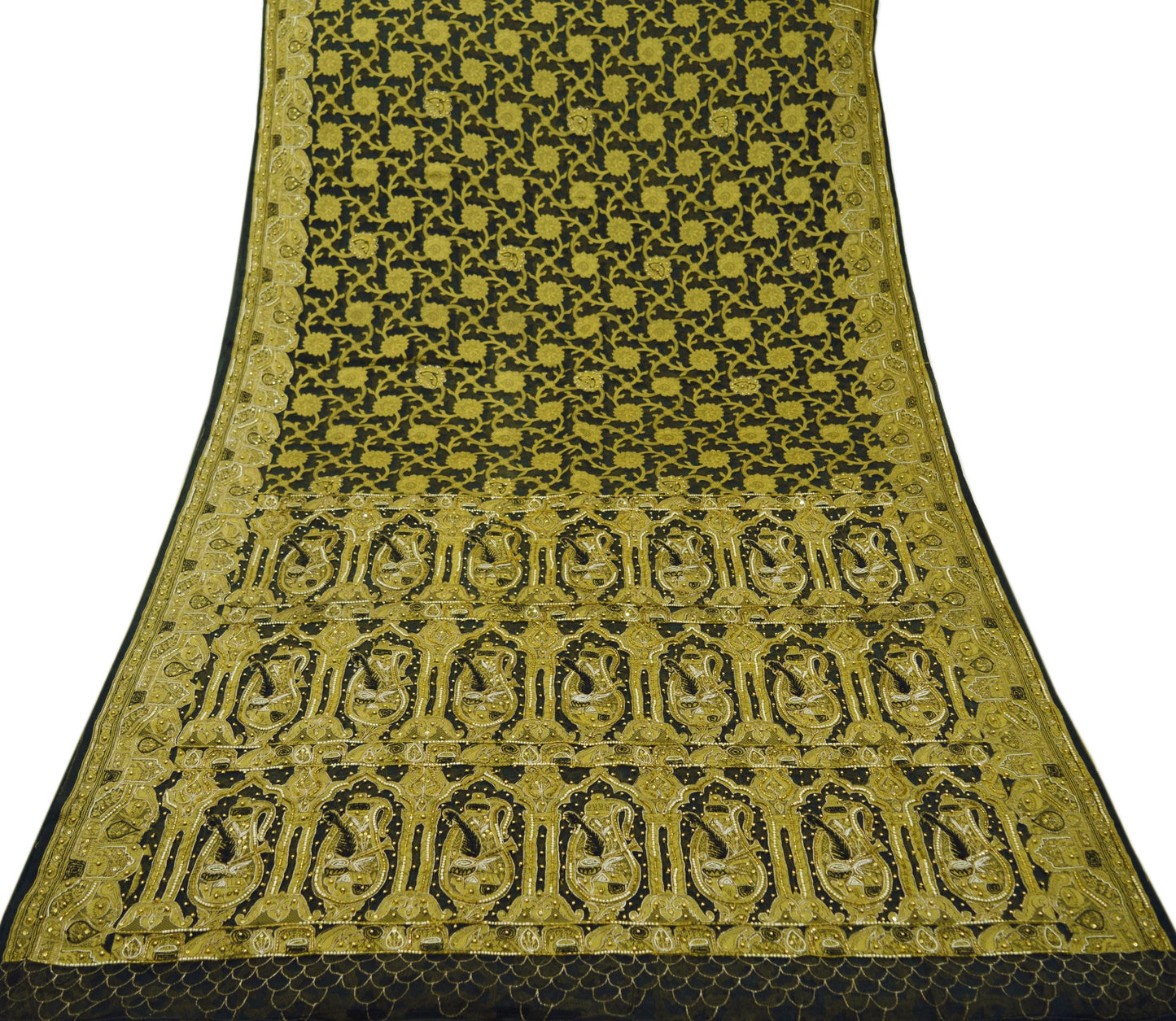 Indian Vintage Sari Black Hand Embroidered Pure Organza Silk Saree Fabric 6Yard Ethnic Floral Fringes zari