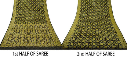 Indian Vintage Sari Black Hand Embroidered Pure Organza Silk Saree Fabric 6Yard Ethnic Floral Fringes zari