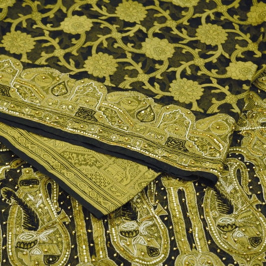 Indian Vintage Sari Black Hand Embroidered Pure Organza Silk Saree Fabric 6Yard Ethnic Floral Fringes zari