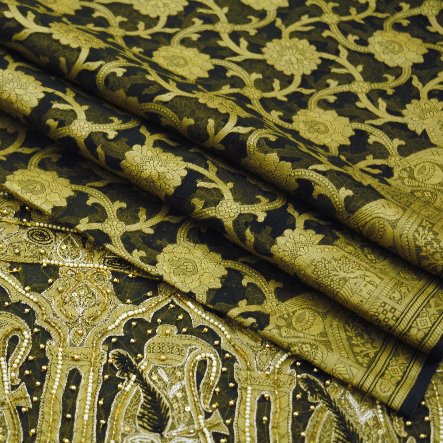 Indian Vintage Sari Black Hand Embroidered Pure Organza Silk Saree Fabric 6Yard Ethnic Floral Fringes zari