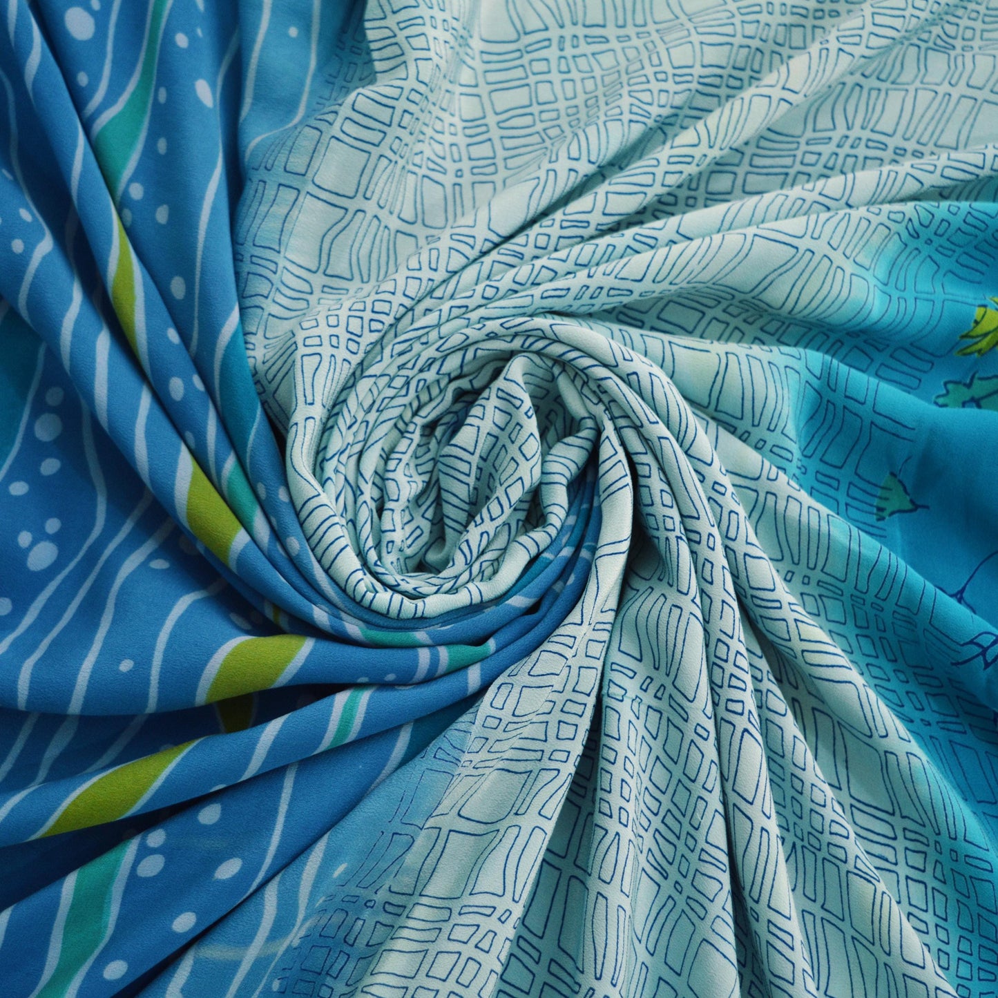 Indian Vintage Sari Blue & Green  Pure Crepe Silk Printed Saree 5yard Sewing Floral Soft Craft Fabric Wrap