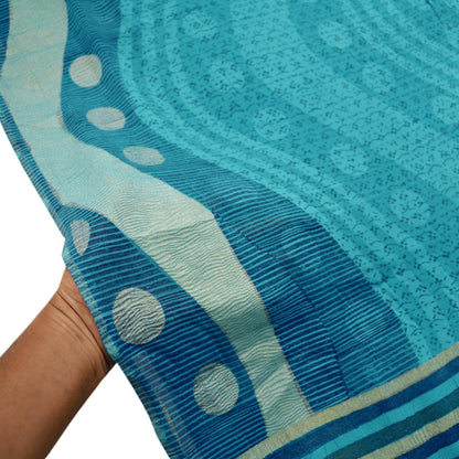 Women Vintage Sari Blue Pure Georgette Silk Printed Saree Craft Fabric Sewing 5Yard Soft Light Dress Making Abstract Zari