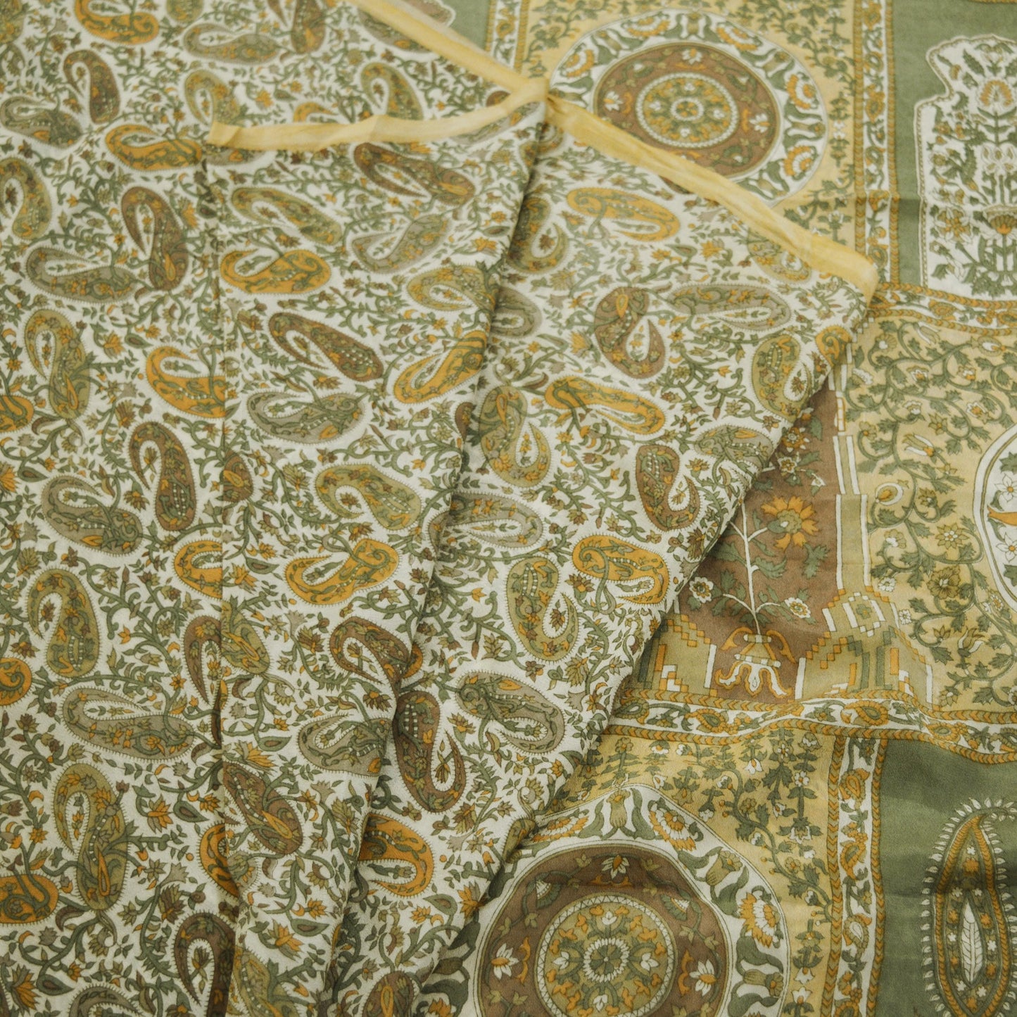Indian Vintage Sari Ivory & Beige Pure Silk Printed Saree 6yd Sewing Paisley Craft Fabric DressMaking Soft Used Upcycled