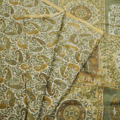 Indian Vintage Sari Ivory & Beige Pure Silk Printed Saree 6yd Sewing Paisley Craft Fabric DressMaking Soft Used Upcycled