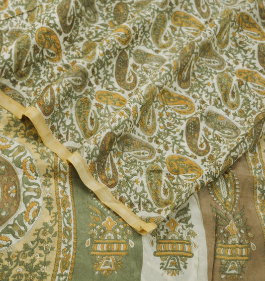 Indian Vintage Sari Ivory & Beige Pure Silk Printed Saree 6yd Sewing Paisley Craft Fabric DressMaking Soft Used Upcycled