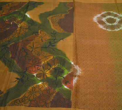 Indian Vintage Sari Green & Brown 100% Pure Silk Printed Saree Fabric 6yd Sewing Craft Fabric DressMaking Floral