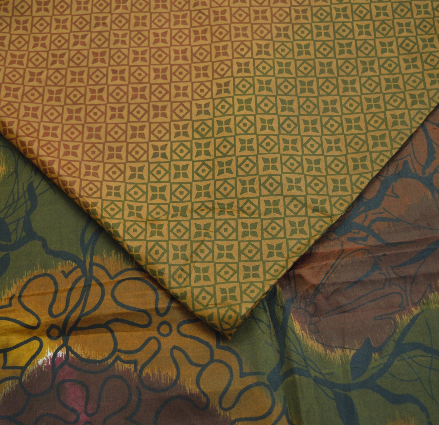 Indian Vintage Sari Green & Brown 100% Pure Silk Printed Saree Fabric 6yd Sewing Craft Fabric DressMaking Floral