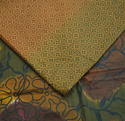 Indian Vintage Sari Green & Brown 100% Pure Silk Printed Saree Fabric 6yd Sewing Craft Fabric DressMaking Floral