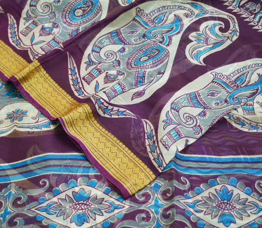 Indian Vintage Sari Purple Pure Silk Printed Saree Fabric 5yd Sewing Craft Fabric DressMaking Paisley